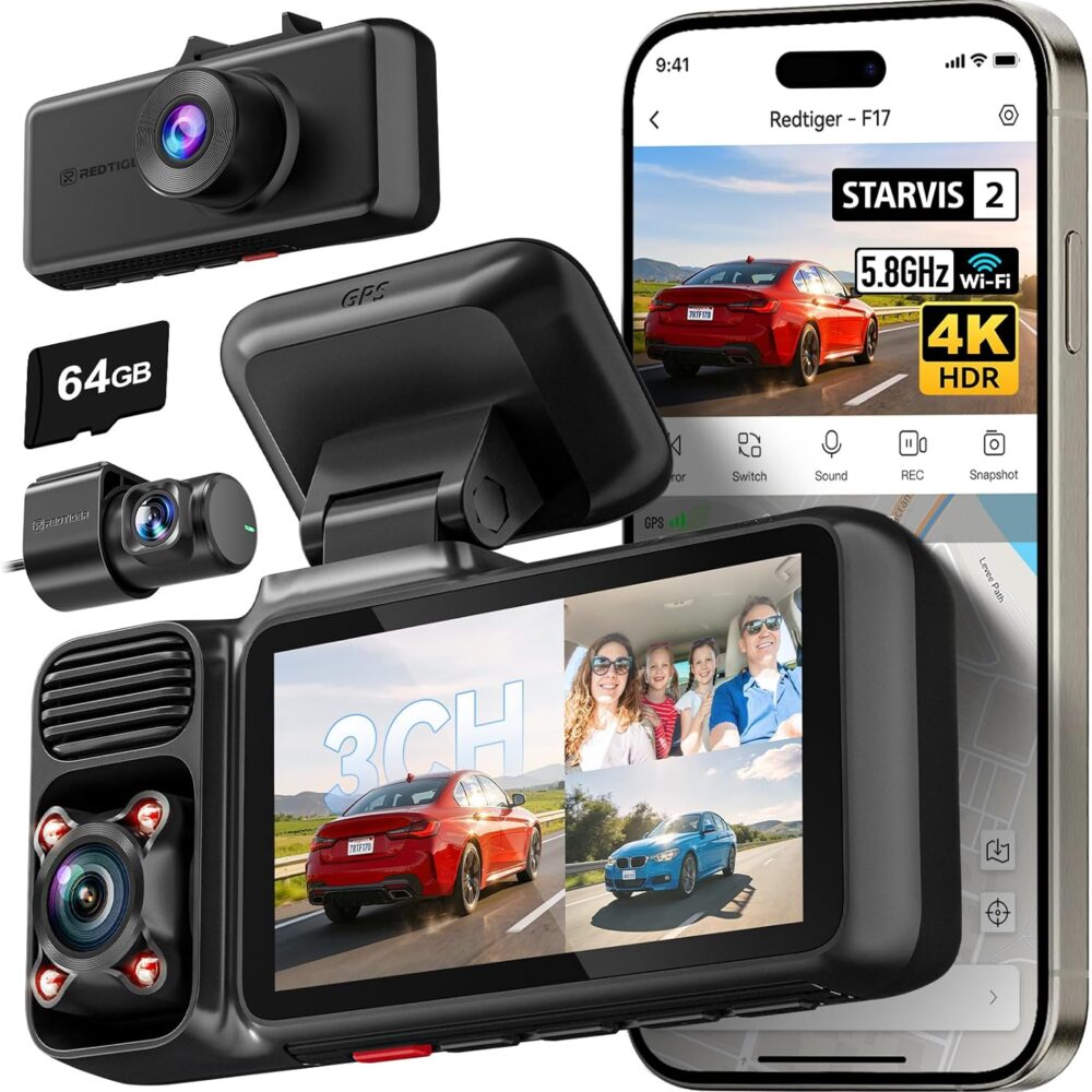 REDTIGER F17 4K 3CH Dash Cam, STARVIS 2 Sensor HDR, 64GB Card, 5.8GHz WiFi | 2160P+1080P*2 Front Inside and Rear, 4 IR Night Vision, G-Sensor, GPS Tracking, Exclusive App, WDR Car Camera, Parking Mode