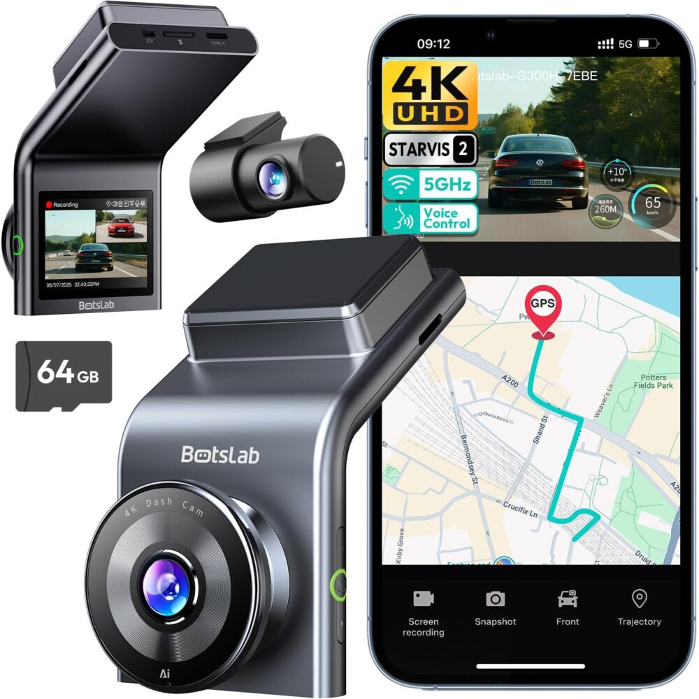 BOTSLAB G300 Plus 4K STARVIS 2 Dual Dash Cam Front and Rear [2026 Upgraded], 64GB Card Included, Voice Control, 5GHz WiFi Dashcam Front and Rear Camera, GPS,WDR Night Vision,24H Parking Mode
