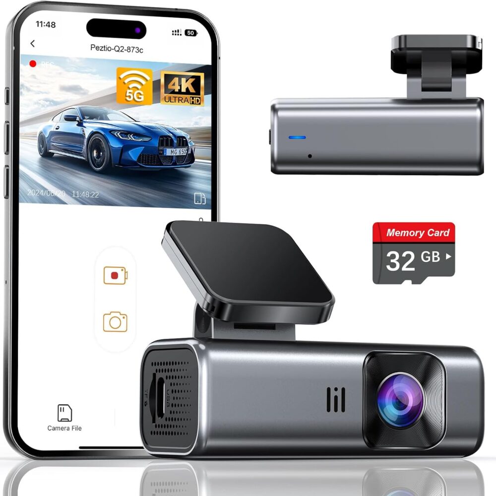galphi 4K Dash Cam Front, 5GHz WiFi, 32GB Card Included, Mini Dashcam | Screen-Free, APP Control, 160° Wide Angle, G-Sensor, Loop Recording, 24H Parking Monitor, Night Vision, Easy Install