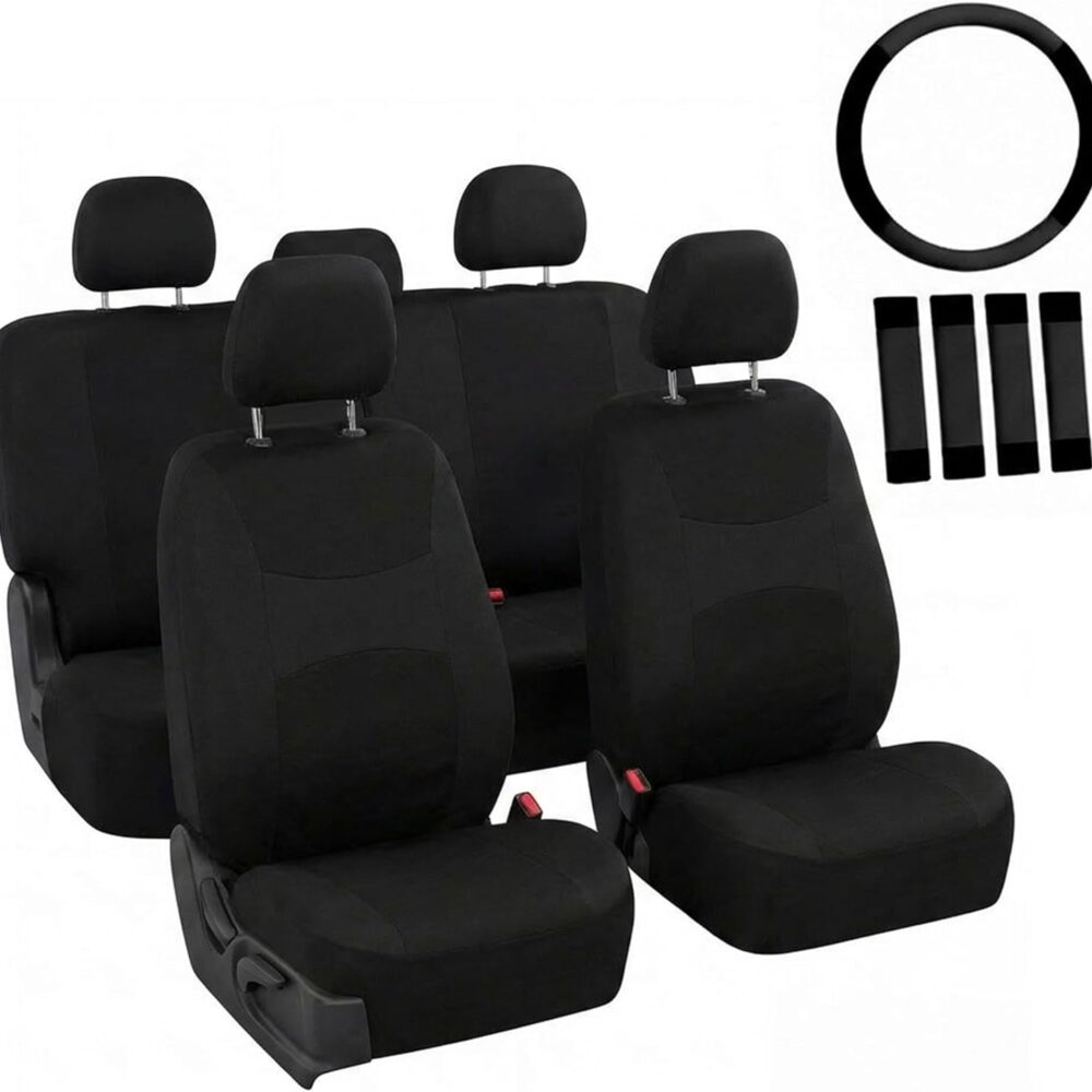 FH Group Full Set Cloth Car Seat Covers, Universal Fit Front and Split Bench Rear, Airbag Compatible, Washable for SUV, Sedan, Van - Black